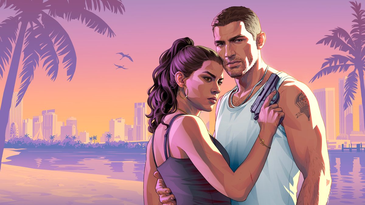 Official artwork of the two lead characters of Grand Theft Auto VI on a beach
