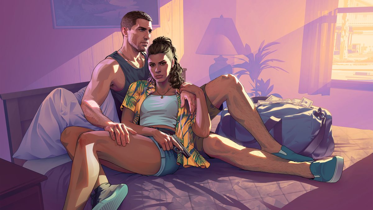 Official artwork of the two lead characters of Grand Theft Auto VI outside a motel