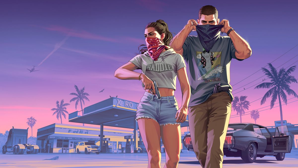 Official artwork of the two lead characters of Grand Theft Auto VI during a robbery