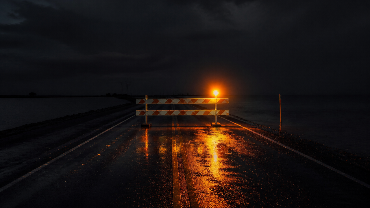 Illustration of a road works barrier blocking an empty causeway in the rain at night