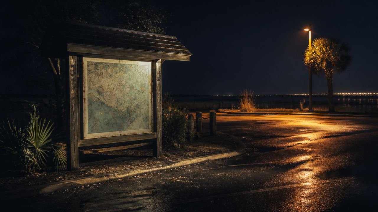 Illustration of a weathered roadside map board at a rest stop, lit from one side
