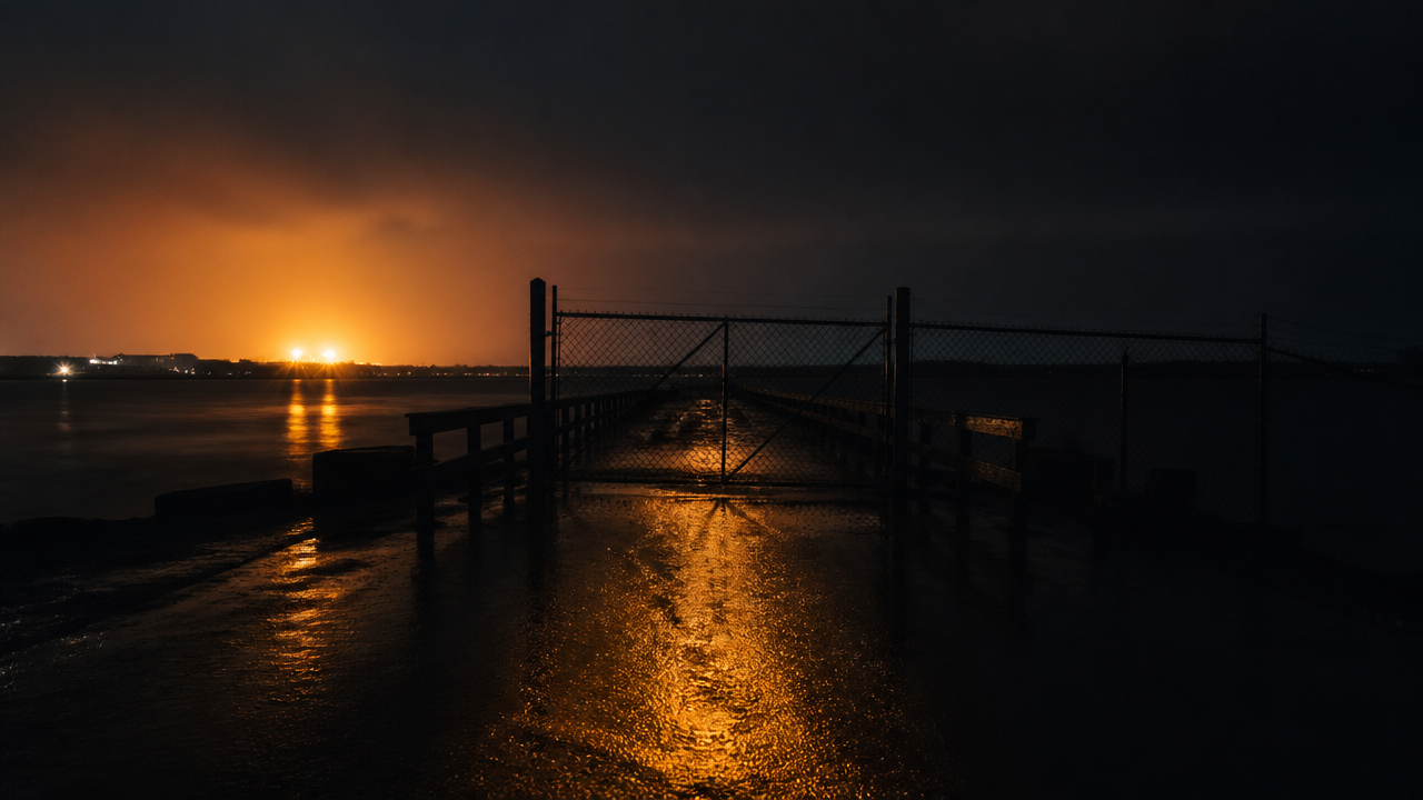 Illustration of a locked service gate at the end of a pier at night