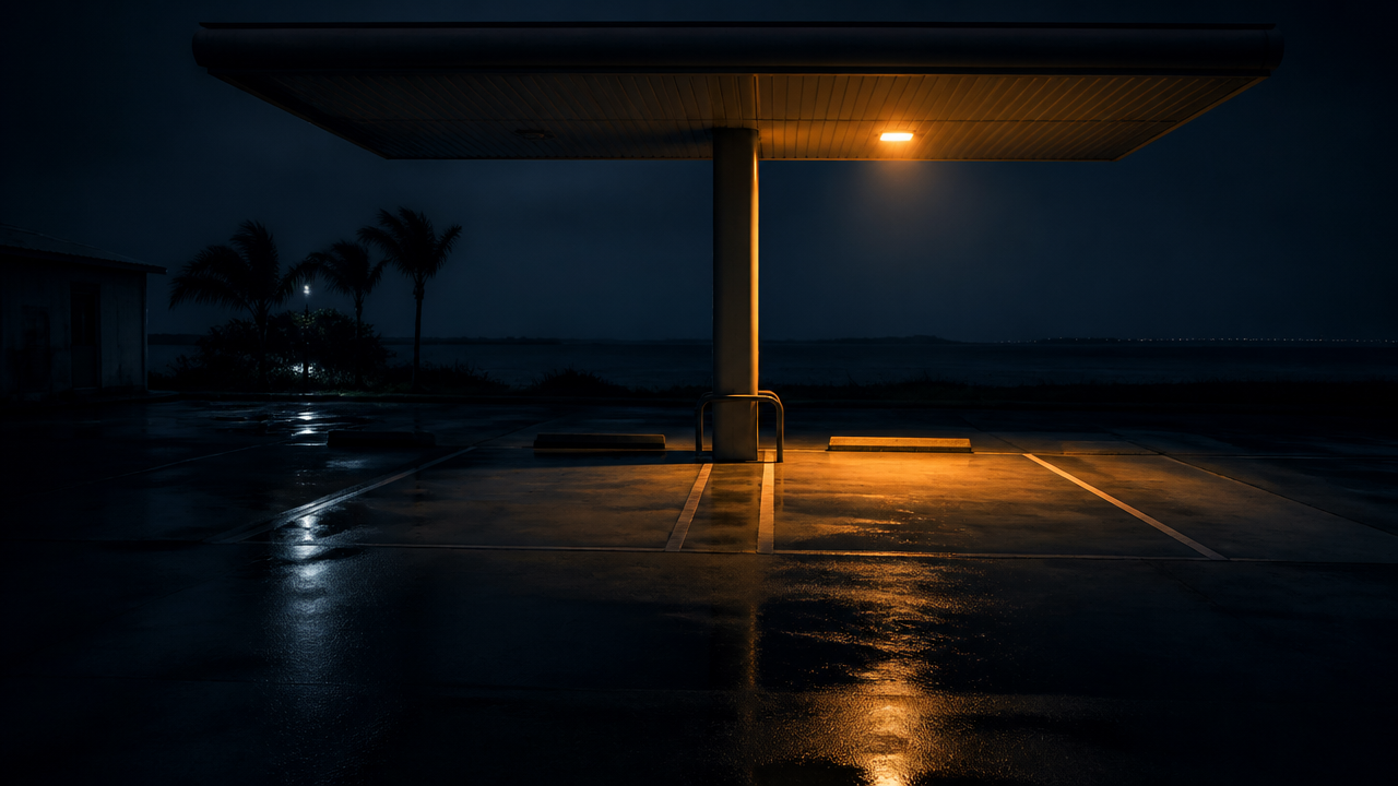 Illustration of two parking bays under a gas station canopy, one lit and one dark