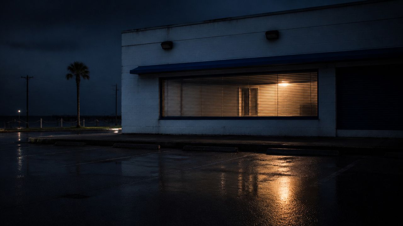 Illustration of a shuttered roadside electronics store at night with one light on inside