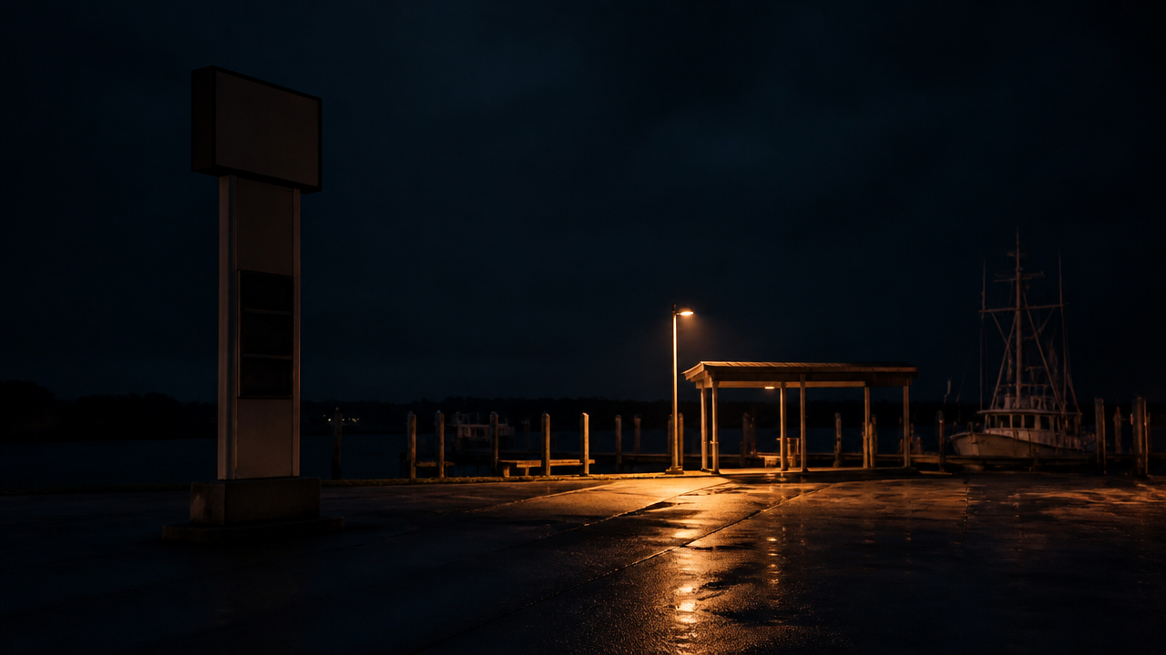 Illustration of an unlit price sign outside a closed marina fuel dock at night