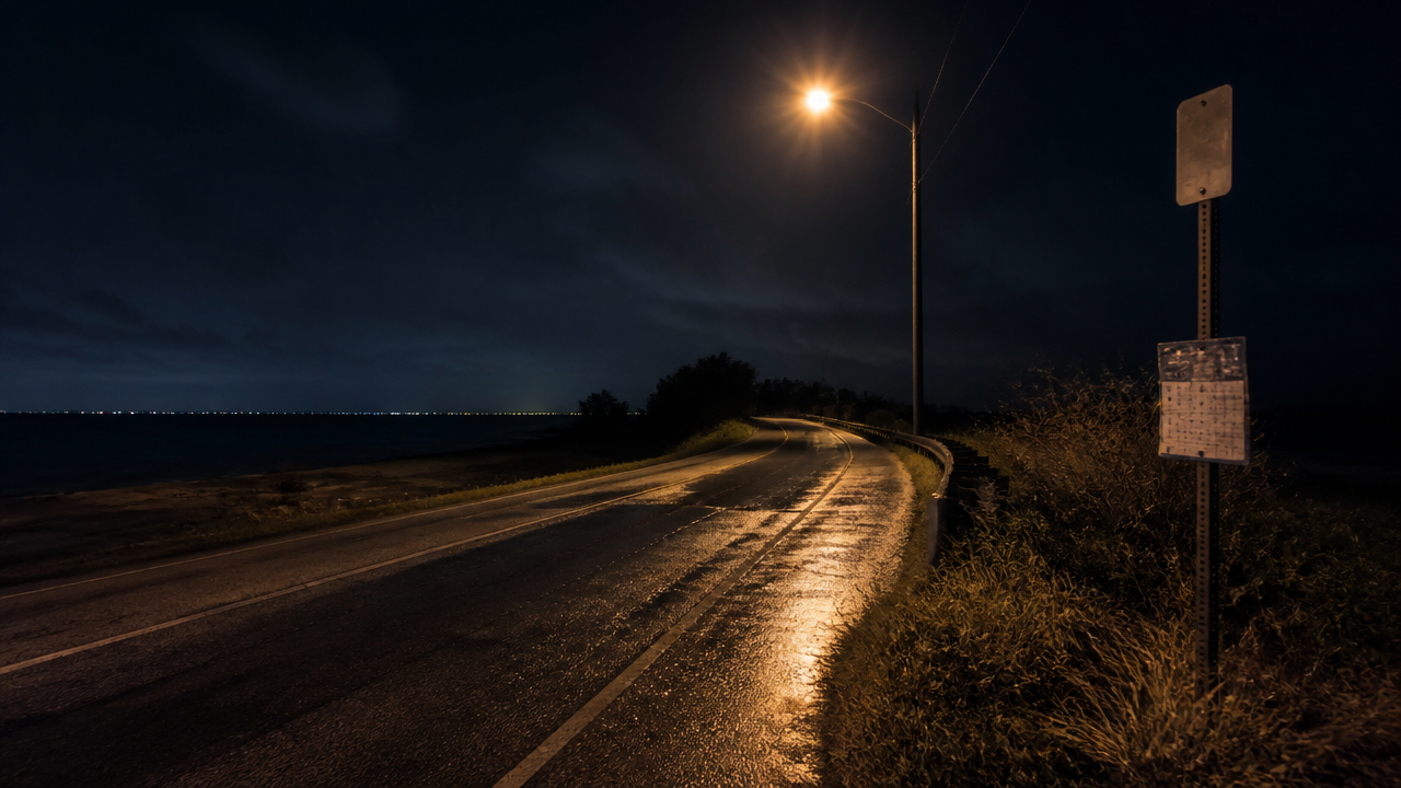 Illustration of an empty coastal highway at night lit by a single streetlight