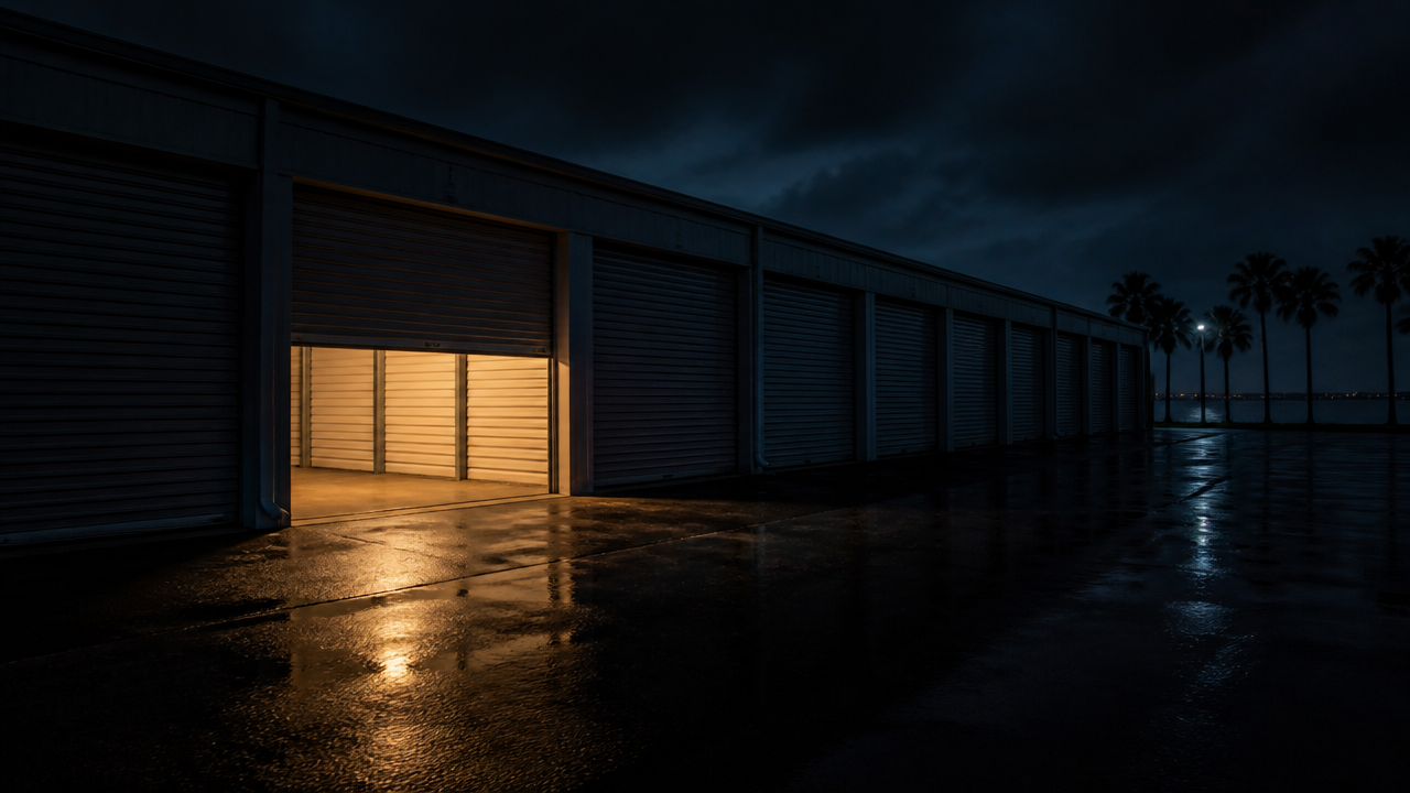 Illustration of self storage units at night with one roller door half open